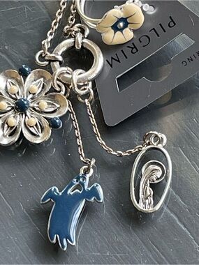 Pilgrim Navy Blue Charm Necklace with Floral and Ghost Charms matching Ring